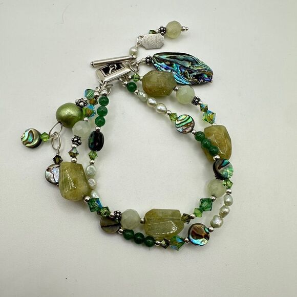 8" Tres Jolie double stranded, Pearl, Stone, abalone shell bracelet in 925! - Picture 11 of 13